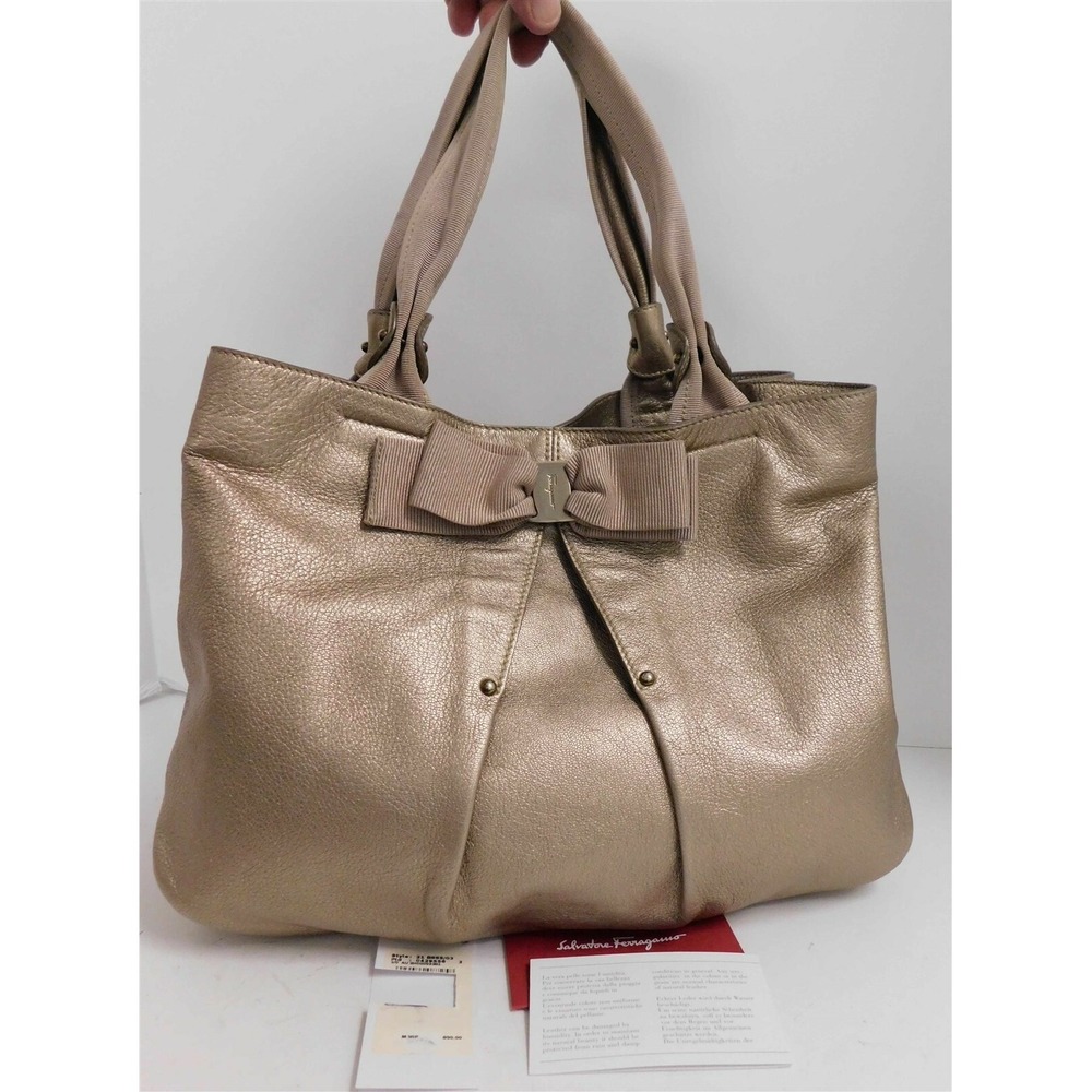 Salvatore Ferragamo Rose Gold Leather Bow Medium Tote Bag Italy‎